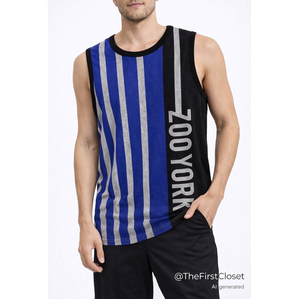 Zoo York Mens Sleeveless Tank Top‎ Black Blue Stripe Graphic Print Size S